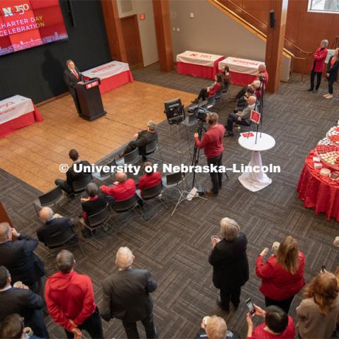 Everyone was invited to enjoy a cupcake and join in the festivities with their Husker friends at the Wick Alumni Center, Friday February 15th. The Nebraska Charter was available to view, along with other historical items. Copies of Dear Old Nebraska U could be purchased and signed. Charter Day at the Wick Alumni. February 15th, 2019. Photo by Gregory Nathan / University Communication.